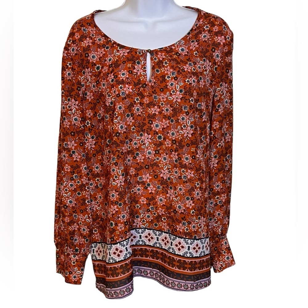 Liz Claiborne Women’s Large Red Floral Polyester Long Sleeve Blouse